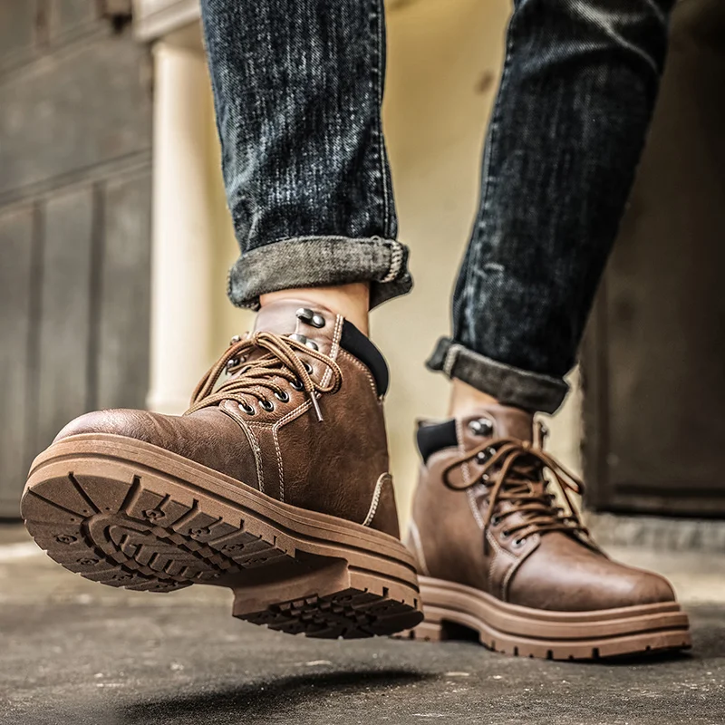 

Men'S Retro Style Height Increasing Shoes With Four Seasons Mid Cut Boots Durable And Comfortable Casual Large Work Boots 39-45