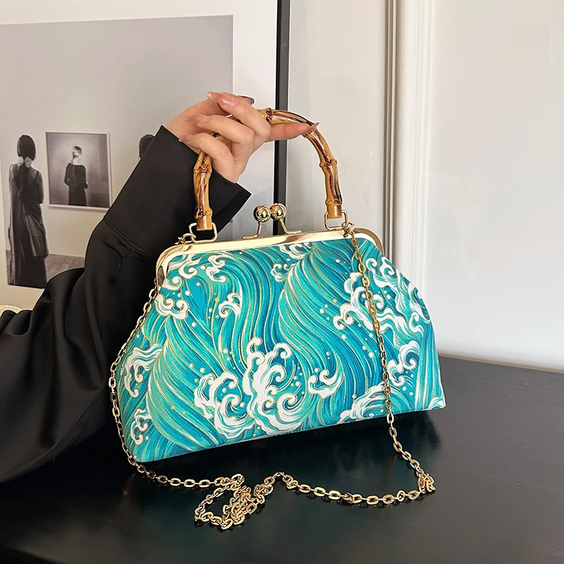 

Vintage Embroidered Handbag for Women Bohemian Metal Handle Shoulder Bag with Detachable Chain Strap Casual Evening Purse New