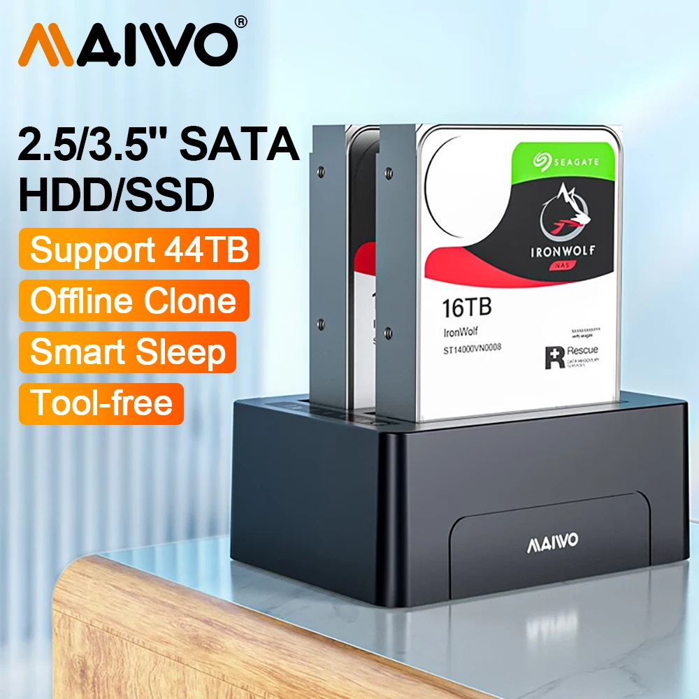 MAIWO USB 3.0 To SATA Dual Bay External Hard Drive Dock for 2.5/3.5-inch HDD/SSD Support Offline Clone Automatic Sleep Function