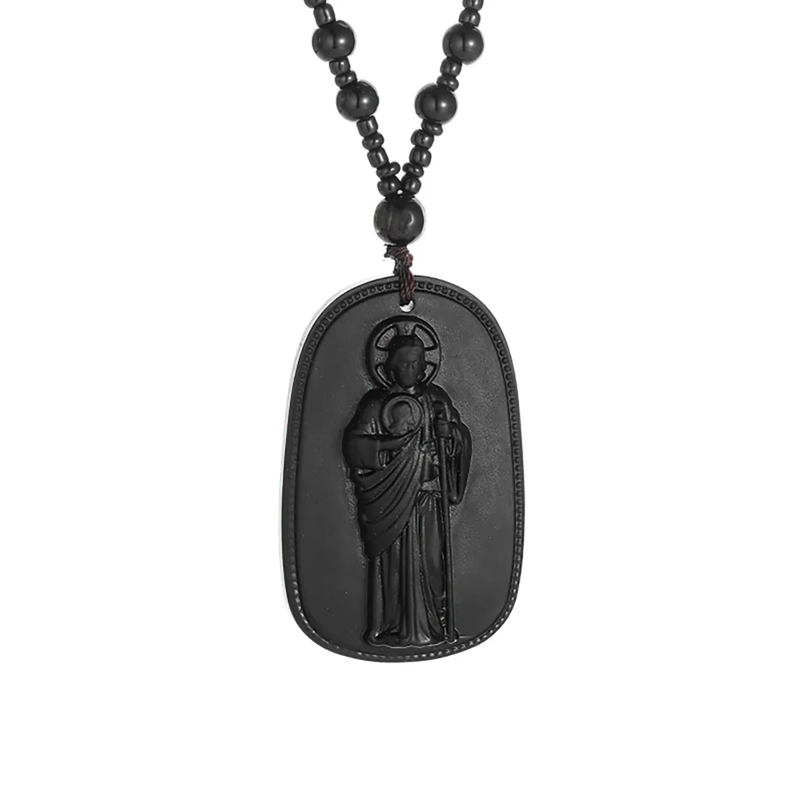 San Judas Tadeo Imitation Obsidian Necklace St Jude Thaddeus Pendant Catholic Men Women Spiritual Protection Jewelry Gift