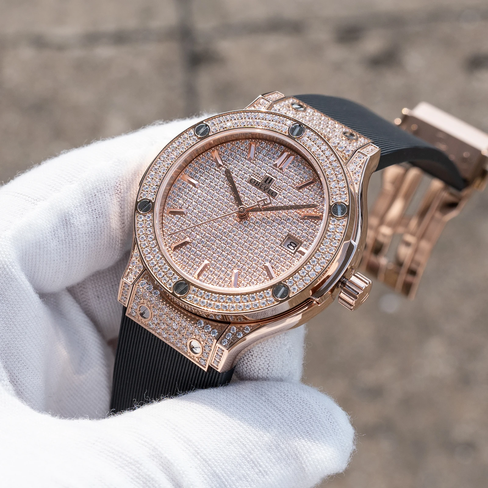 OBLVLO Men's Classic Full Diamonds Watch with Date Transparent Caseback Automatic Mechanical Rubber Band Sport Wristwatch HM-AD