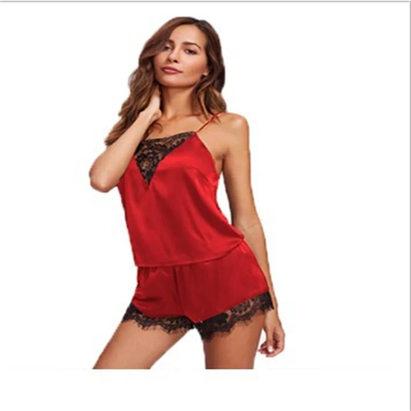 2PCS Sexy Pajama Set Women Sexy Lace Patchwork Satin Silk Suspender Top Hot Shorts Sleepwear Women Nightgown Female Sleepwear