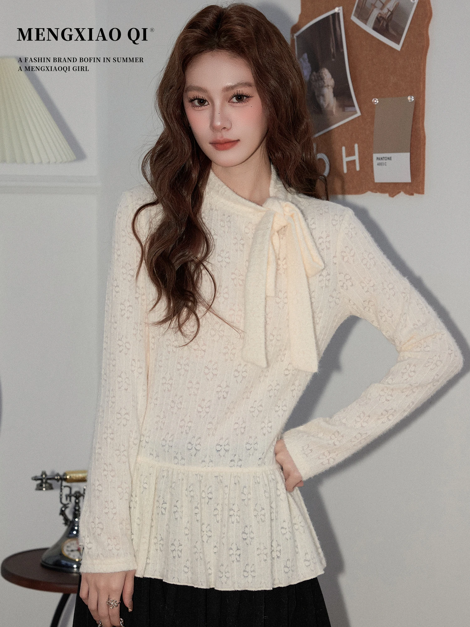 

Женский осенне-зимний облегающий вязаный свитер Meng Xiaoqi в корейском стиле с длинным рукавом, кружевом и поясом-узлом