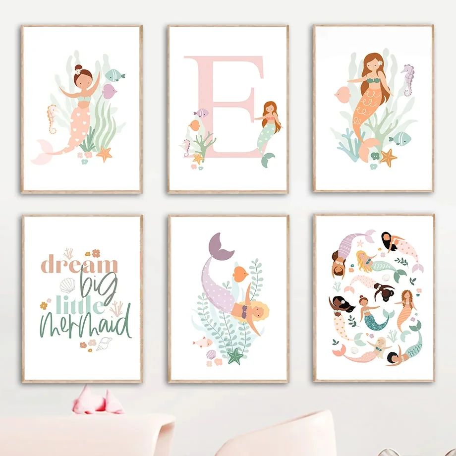 Marine Animals Nursery Canvas Painting, Wall Art, Nordic Posters and Prints, Pictures, Baby, Kids Room Decor, Mermaid, Girl, Fos