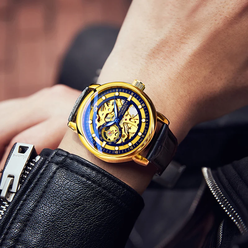 Модные золотые механические часы со скелетом, мужские лучшие брендовые роскошные кожаные автоматические полые наручные часы, кожаные военные часы для мужчин
