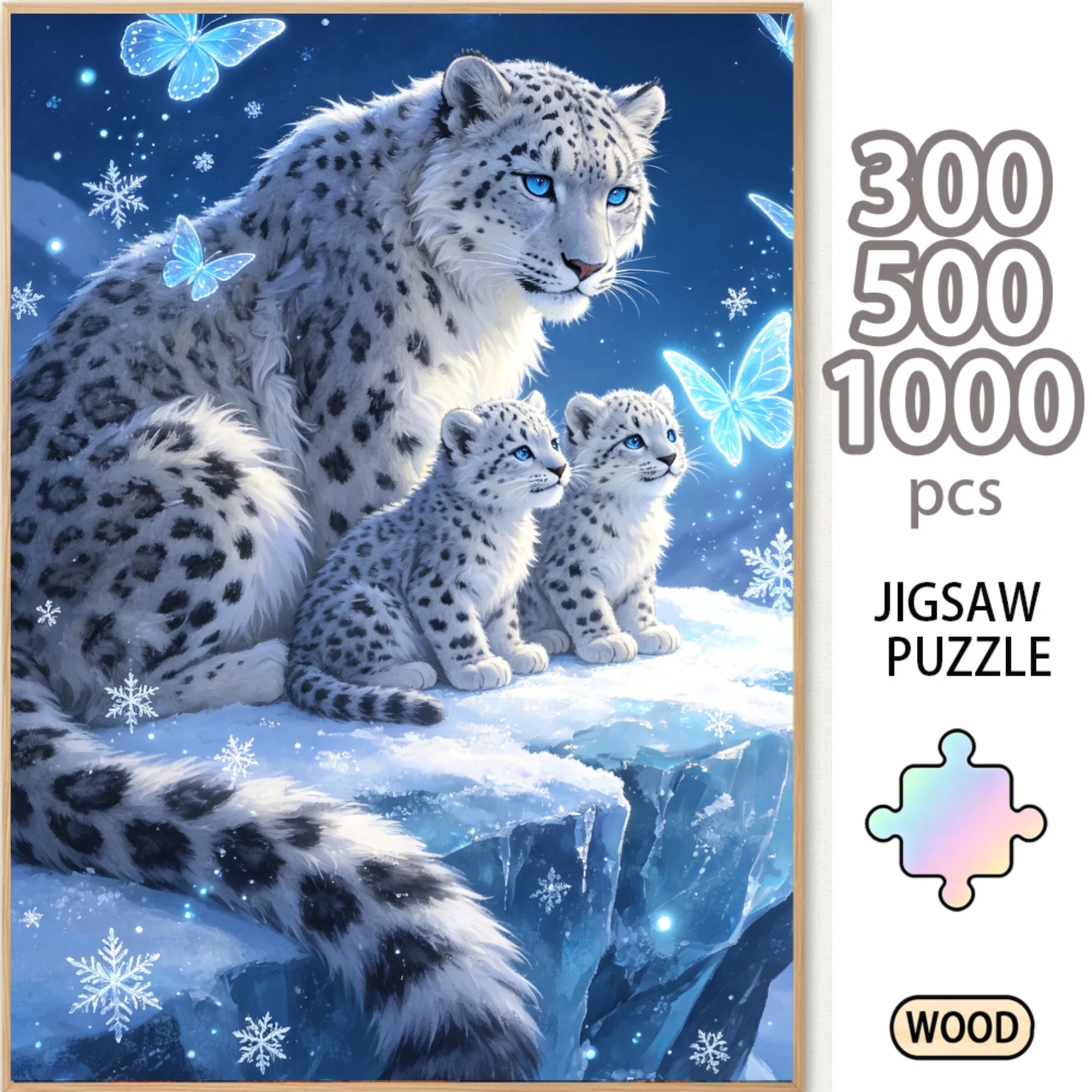 Snow Leopard Family Ice Cliff Wooden Jigsaw Puzzle 300/500/1000 Piece Winter Wildlife Nature Oil Painting Art Board DIY Decor Gift for Adults