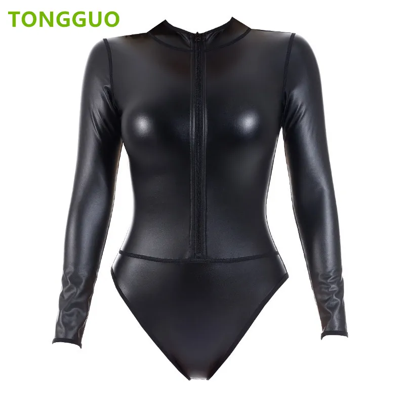 

Sexy Faux Leather Bodysuit Women Body Shaper Lingerie Front Zipper High Neck Long sleeves Stage Performance One Pieces Jumpsuits