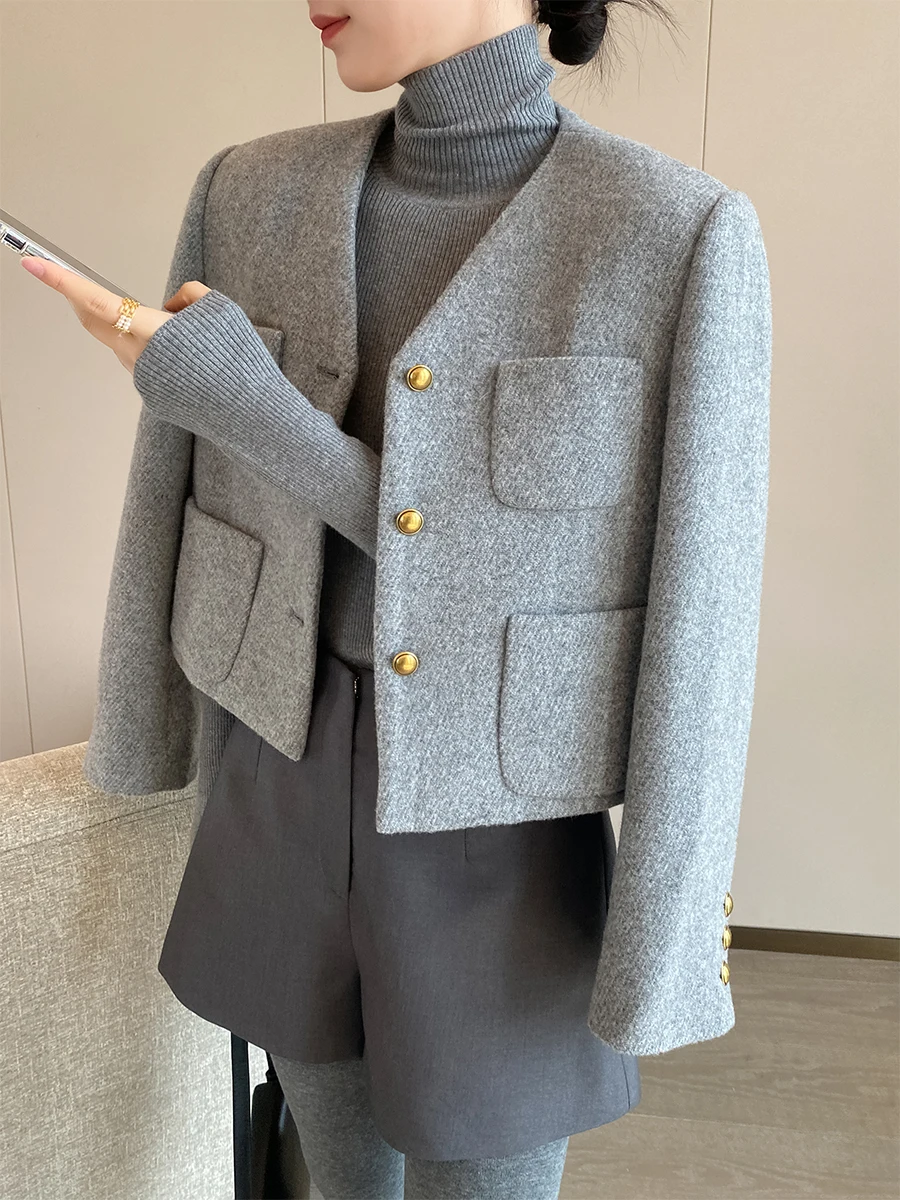 

Шерстяной костюм Jaet с V-образным вырезом для женщин, простой костюм для поездок на работу, осень 2024, новинка Faion Premium Quali