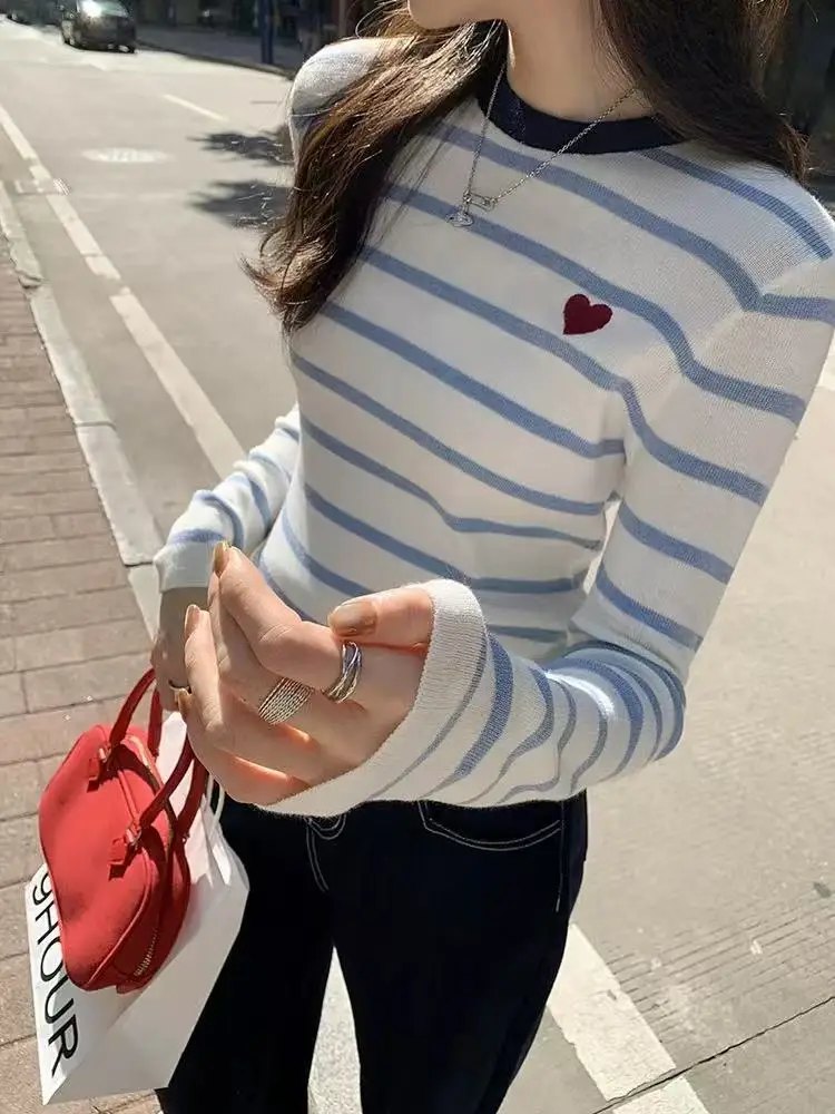 

Early Autumn Women's Slim Fit Long Sve Knitted Base irt Inner Wear Striped Top Can Be Worn outside Faion Korean Sle