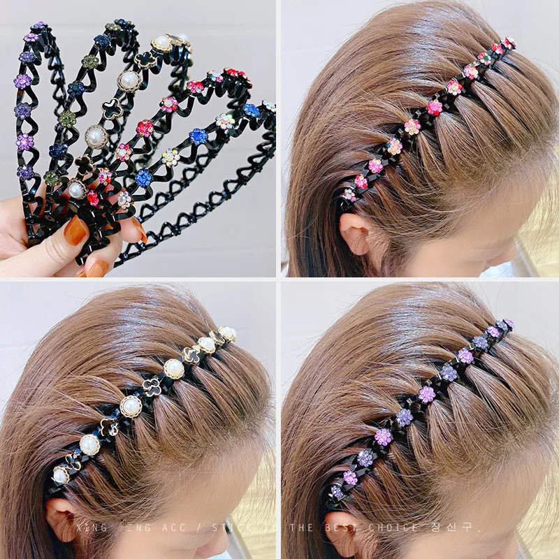 2022 New Fashion Hot Sale All-match Wave Rhinestones Pearl Braided Hair Clip Headband for Women Girl Hair Accessories Headwear