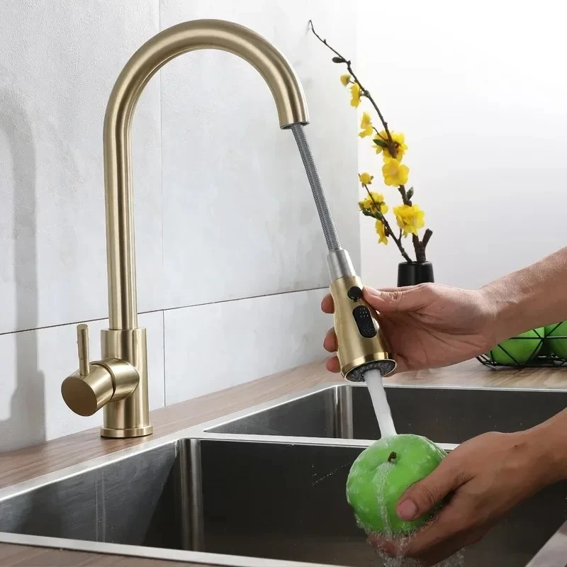 نحى الذهب سحب صنابير المطبخ 360 دوران صنبور حوض خلاط المطبخ رافعة واحدة صنبور حوض خلاط بالوعة المطبخ صنبور الماء الساخن البارد #1