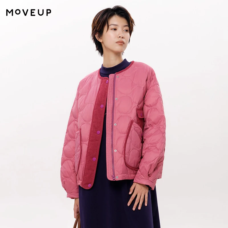 

MOVEUP Повседневная женская зимняя куртка-пуховик с контрастными вставками, легкая, с круглым вырезом, карманами, модная, 3EWD21299