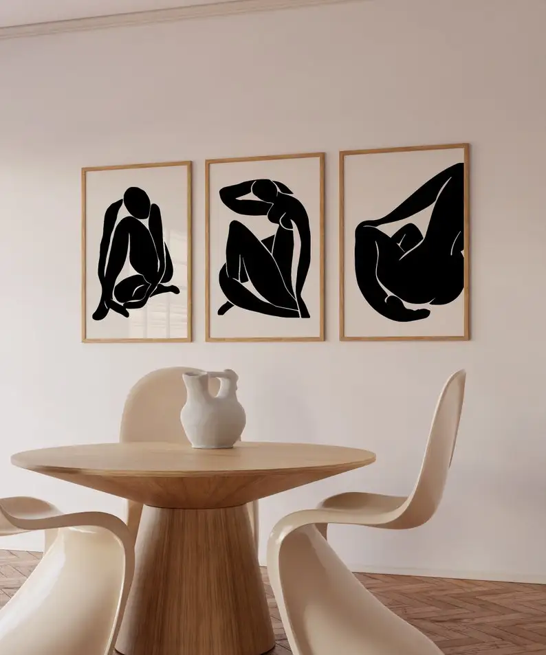 3pcs/set Modern Black Henri Matisse Canvas Wall Art, Frameless Matisse Beige Boho Gallery Wall Art Poster for Living Room Decor
