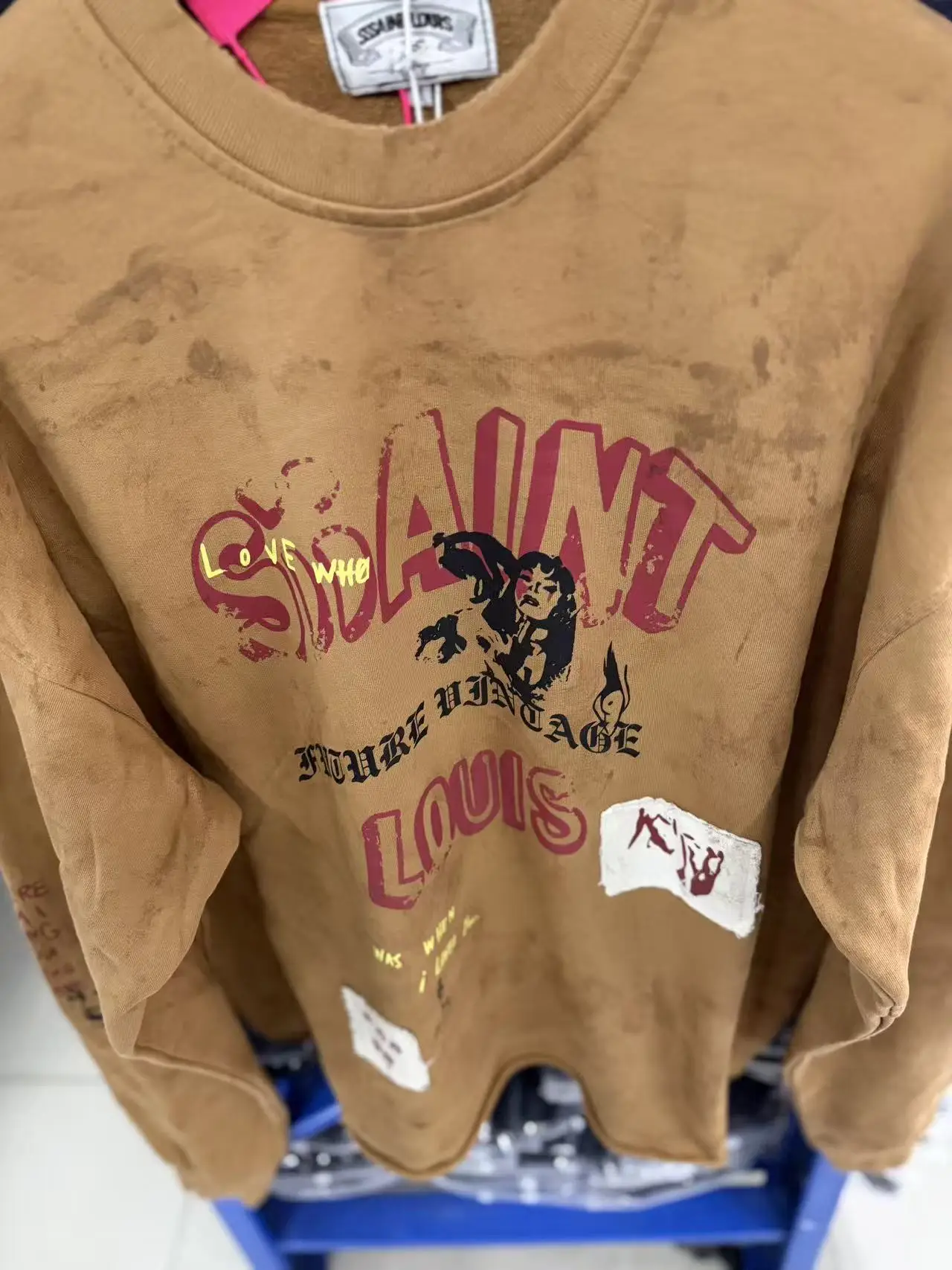 SSSAINT LOUIS Yellow Hoodies Men's Women's Letter Logo Print Vintage Oversized Long Sleeve Crewneck Sweatshirt
