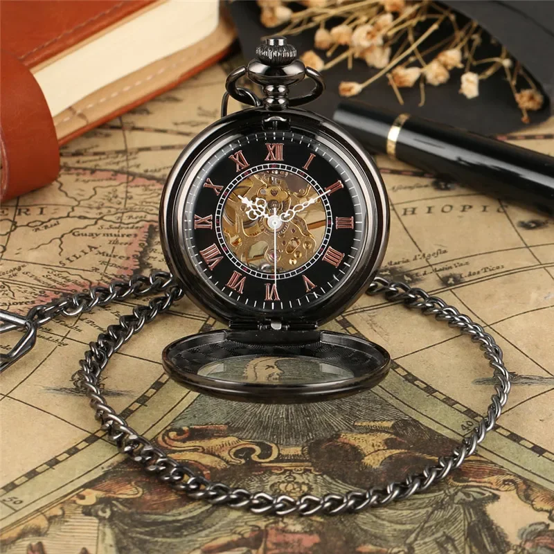 Luxury Hollow Case Retro Roman Number Steampunk Manual Skeleton Mechanical Hand-Winding Pocket Watch for Men Women Pendant Chain