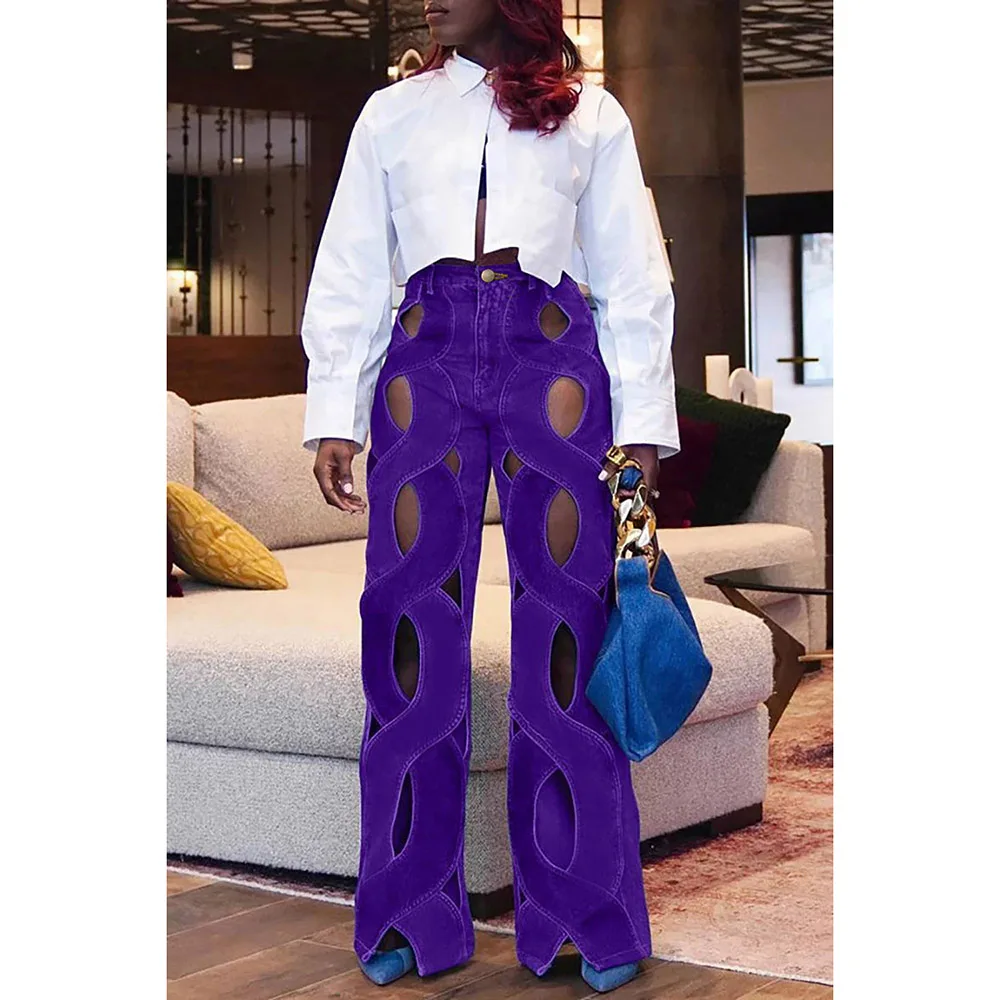 Plus Size Purple Blue Solid Daily High Waist Cut Out Hollowed New Design Straight Leg Denim Pants