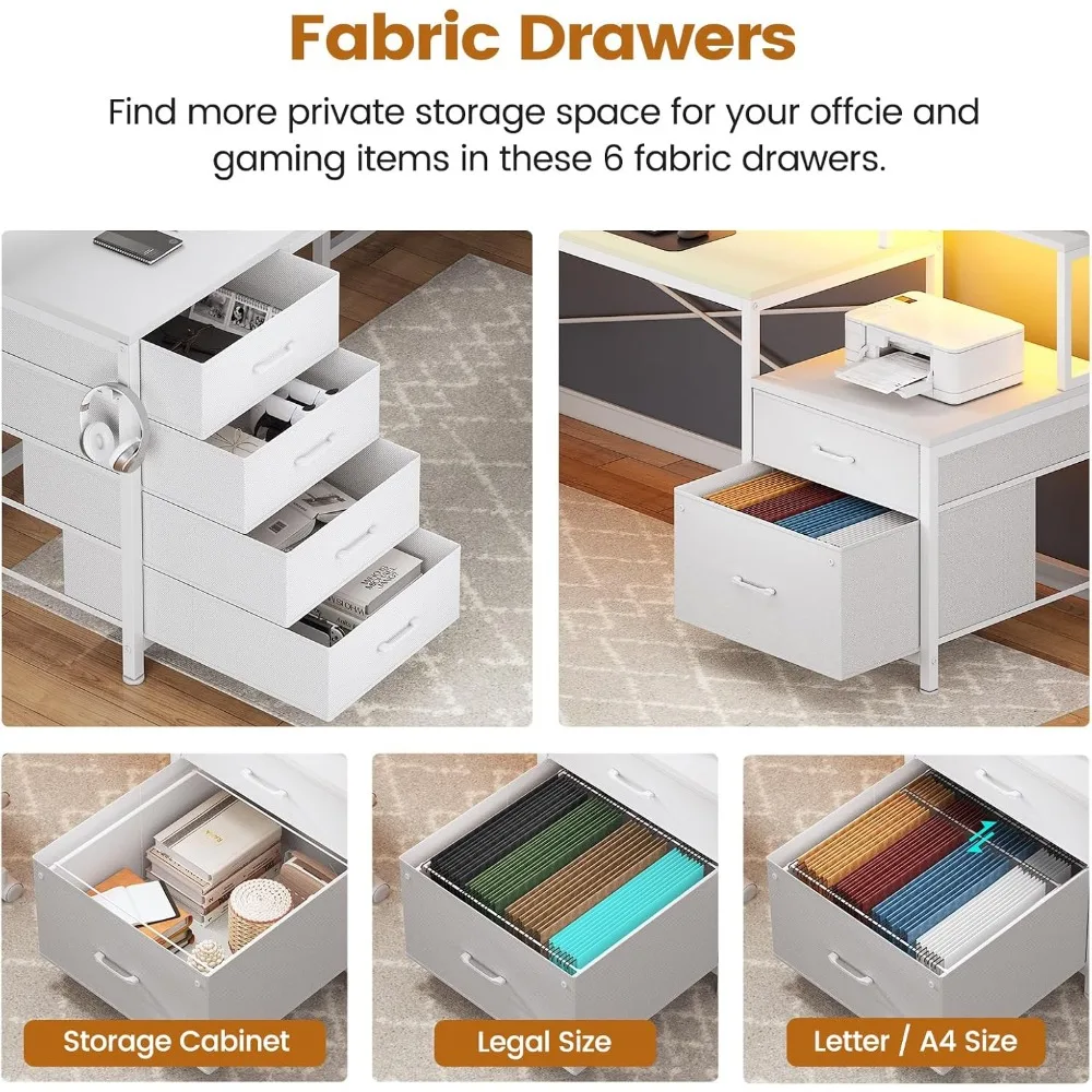 โต๊ะทำงานรูปตัว L พร้อมลิ้นชัก 6 ช่อง ขนาด 108 นิ้ว สำหรับโฮมออฟฟิศ พร้อมที่เก็บเอกสารและปลั๊กไฟ โต๊ะคอมพิวเตอร์เข้ามุมพร้อมช่องวางจอ