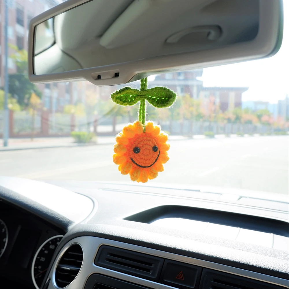 Handmade Crochet Smiley Sunflower Car Mirror Hanging Decoration Boho  Rear View Mirror Accessories Interior Gadgets For Women