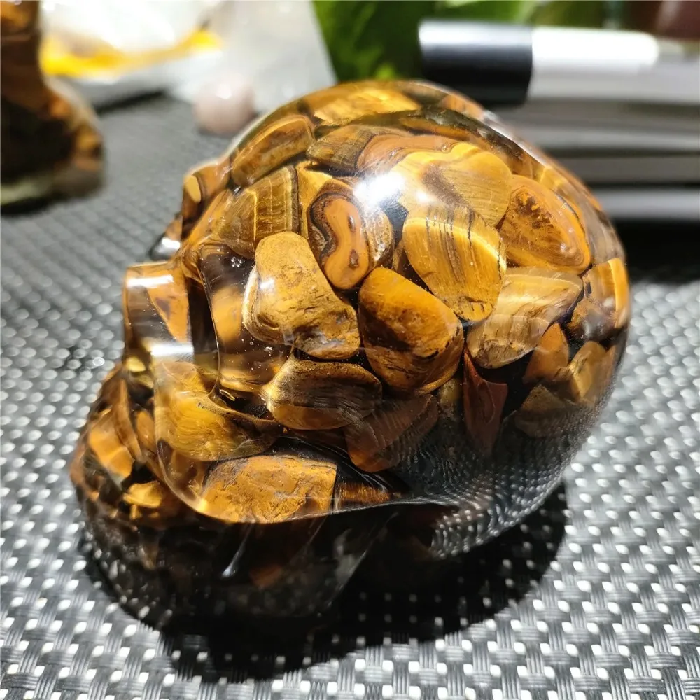 Large Natural Yellow Tiger Eye Stones Hand Craft Resin Skull Shape Home Decoration Healing Crystals Gifts