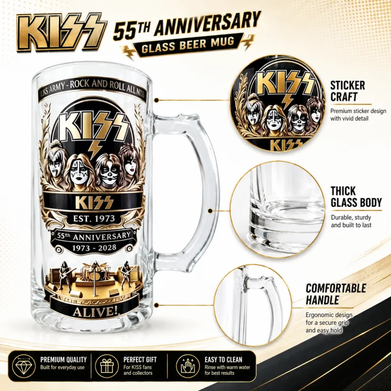 55th Anniversary KISS Rock Band Beer Mug Waterproof Sticker Clear Glass Handle Beer Stein KISS Army Home Bar Decor Fan Gift view 5