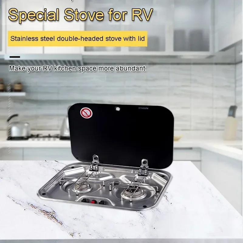 Outdoor RV Kitchen Stainless Steel Gas Double-Headed Stove Tools Tempered Glass Cover 2*1.35KW Camping Car Accessories