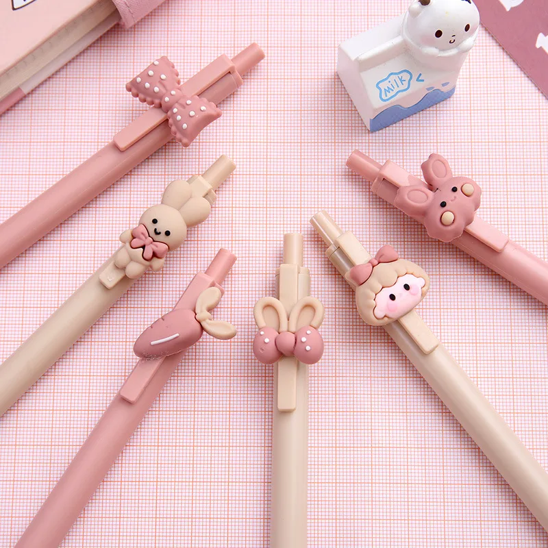 CHEN LIN 5Pcs Cute Sweet Pink Girl and Rabbit Gel Pen Cartoon Press Pen 0.5mm Black School Supplies Stationery Kawaii Funny Pens