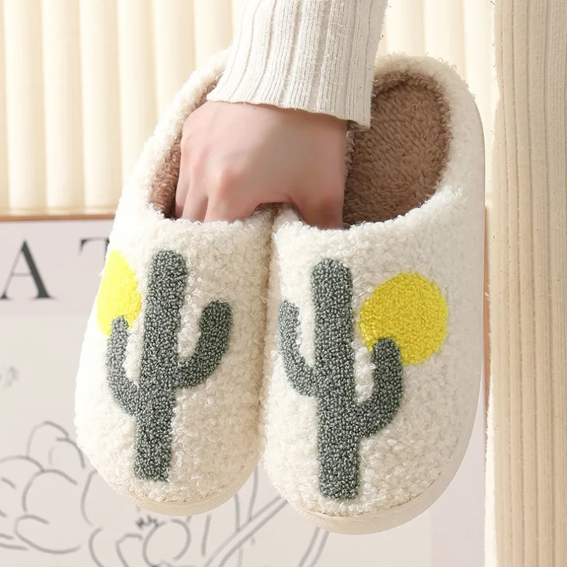 

Home Slipper Women Fuzzy Winter Warm Cactus Funny Fur Plush Non Slip Grip Indoor Lazy Female Room House Shoe Men Male 2024 New