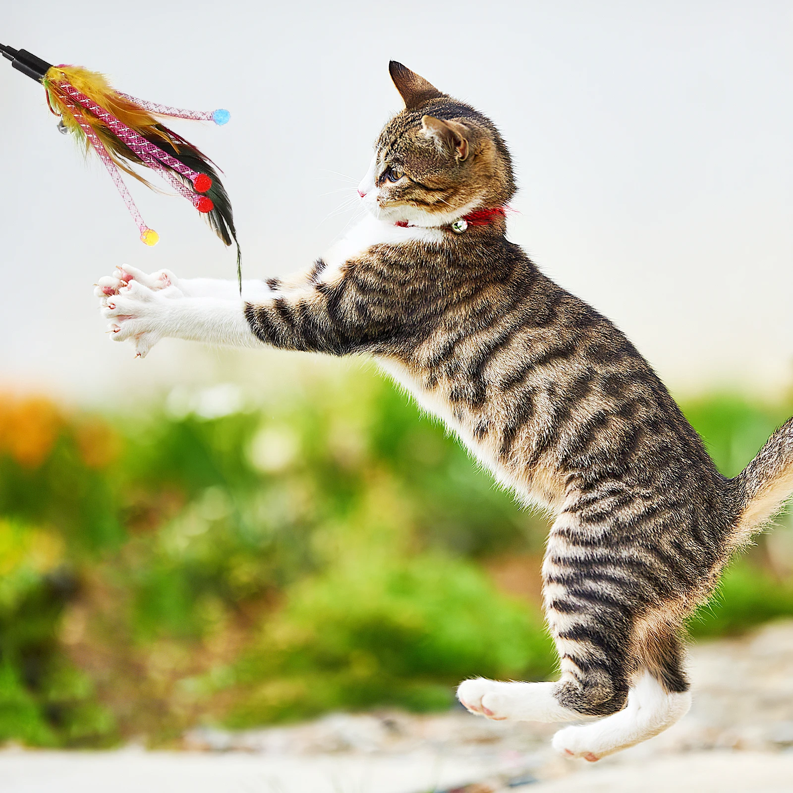 

4 pcs Cat Teaser Wand Handle Colorful Fabric Stripes Crisp Ring Bell Interactive Pet Supplies For Household