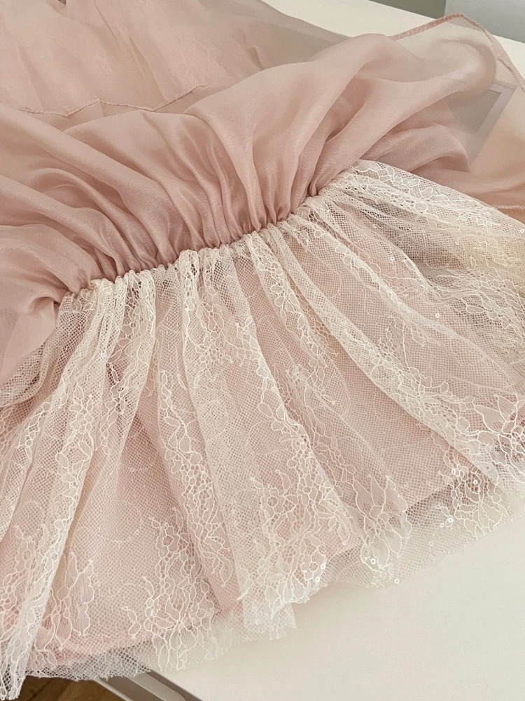 2025 rosa halter pescoço pérola adornado vestido faixas em camadas bainha de renda doce elegante feminino chique design vestido moda feminina nova