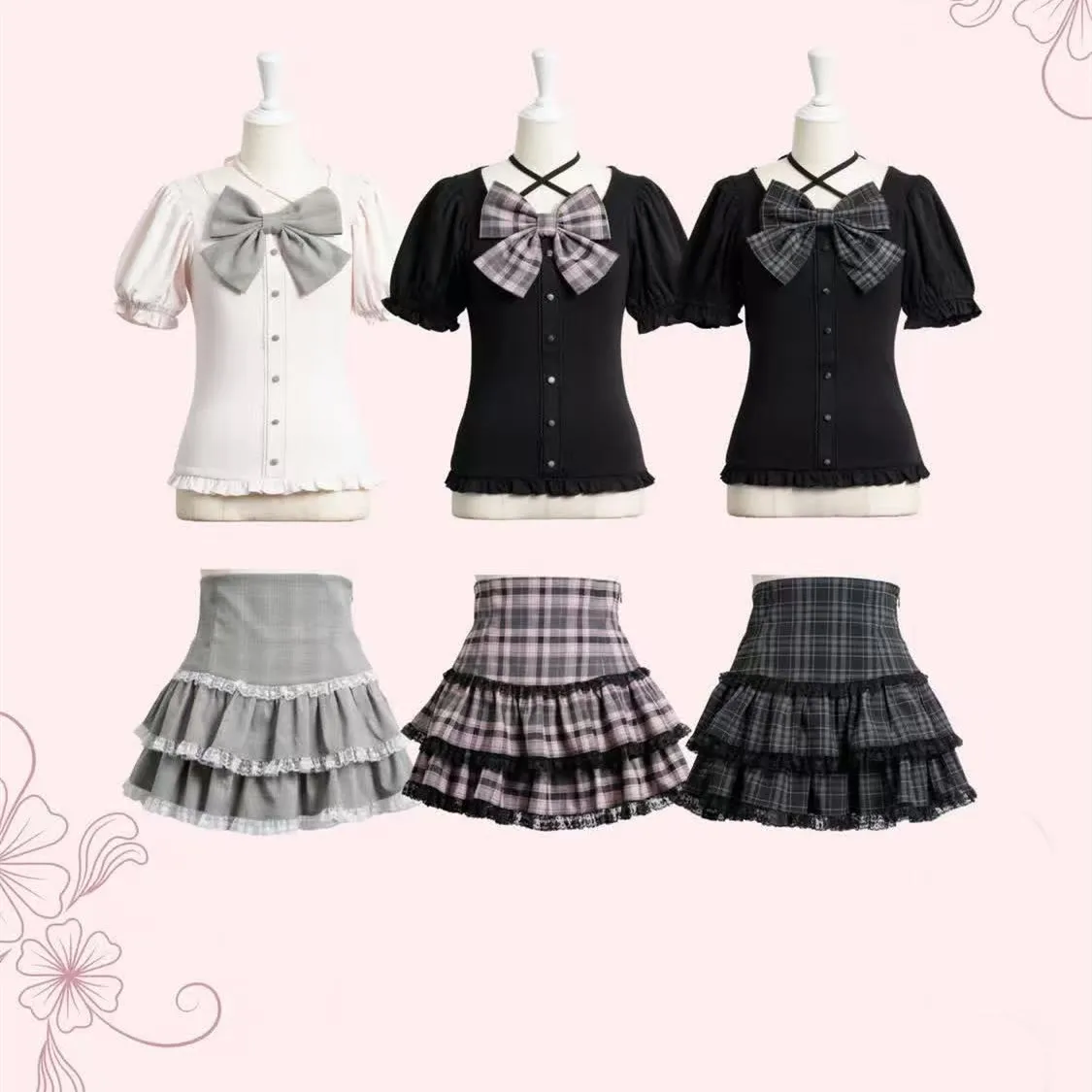 Harajuku Mine Style Cross Halter Slim Blouse College Style Jirai Kei Plaid Bow Puff Sleeve Top Bubble Sleeve T-shirt