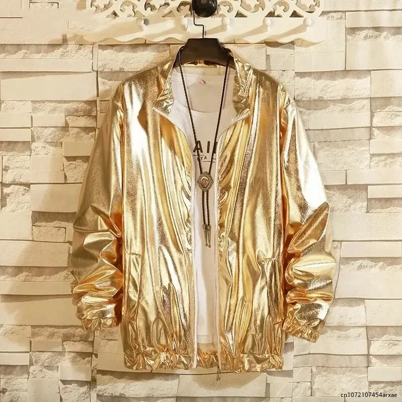 

Gold Silver Windbreaker Jacket for Men Brand Solid Autumn Fashion Party Nightclub Hip Hop Streetwear Coat Stage Singer Costume