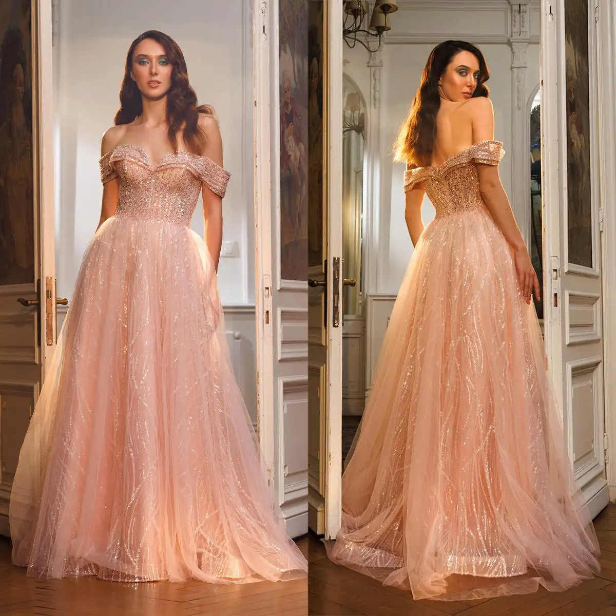

Sweety A Neck Evening Dress Sequins Off Shoulder Sleeveless Prom Gowns Princess Pink Tulle Formal Dresses Vestido De Novia