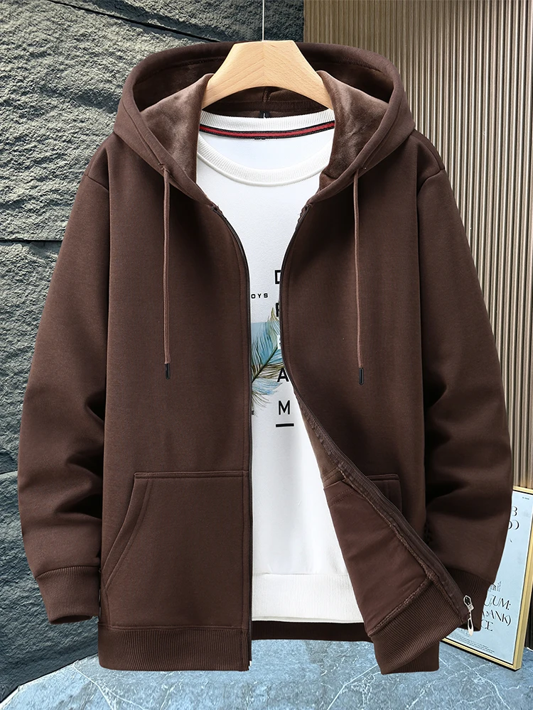 

Autumn Winter Fleece Lined Thickened Hooded Open Cardigan Men's plus Size Warm Outerwear Trendy Loose Fit Pure Color Sweatshirt