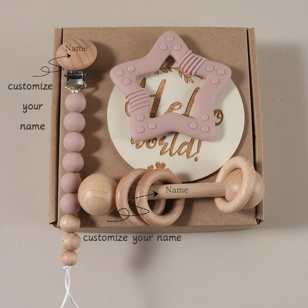 Baby Gift Set Gift Box Silicone Teether Wooden Rattle Pacifier Chain Milestone Baby Essentials