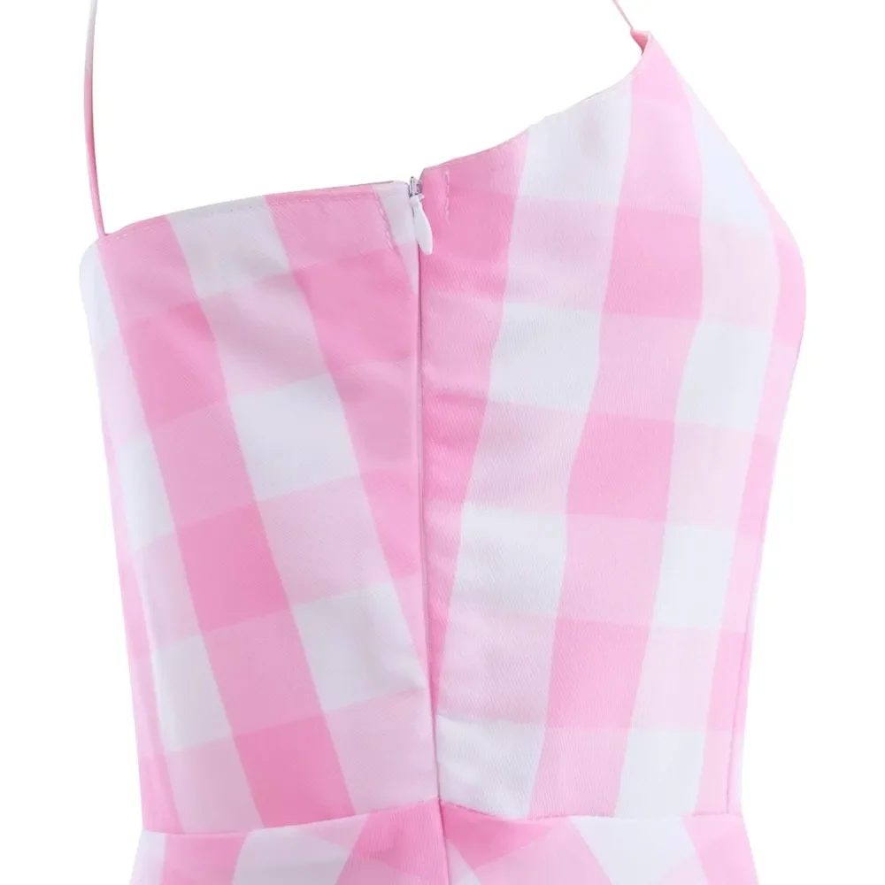 女性のためのヴィンテージピンクの市松模様のドレス,映画の王女,70s, 80年代,ハロウィーン,カーニバル,パーティー,プロム,イブニングウェア