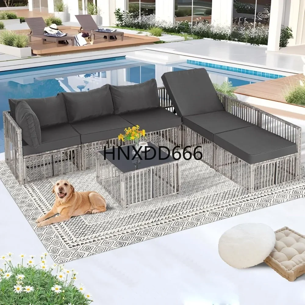 7 Pieces, Wicker Outdoor Sectional Conversation Couch with Adjustable Backrest Sofa, Garden Furniture Sets
