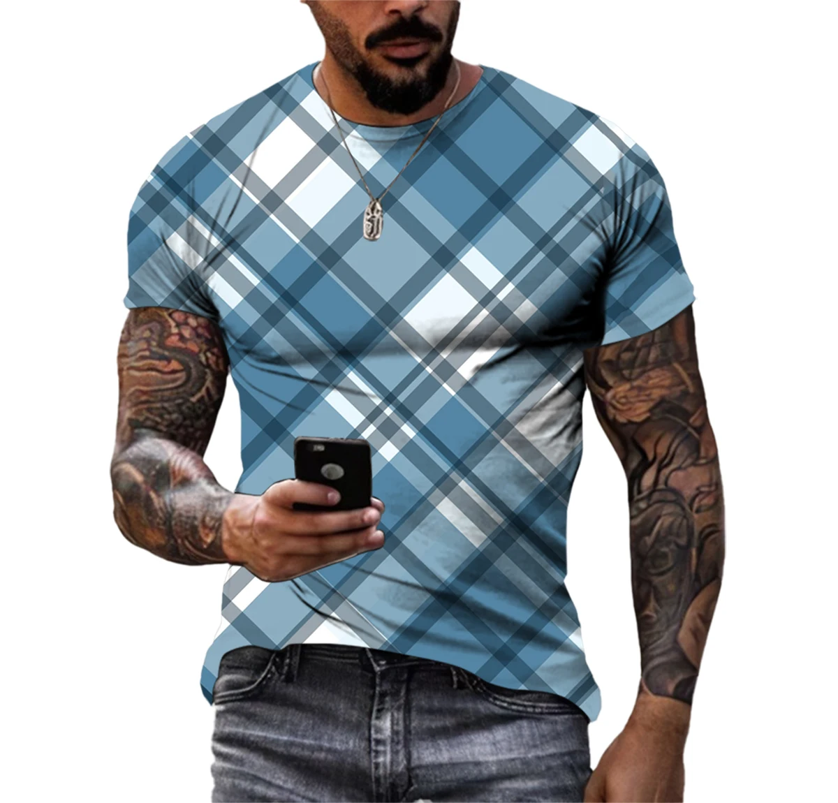 Summer Trend Men\'s T-shirt Diamond Stripe 3D Printing Loose Large Size Short-sleeved Home Casual Quick-drying Breathable Shirt