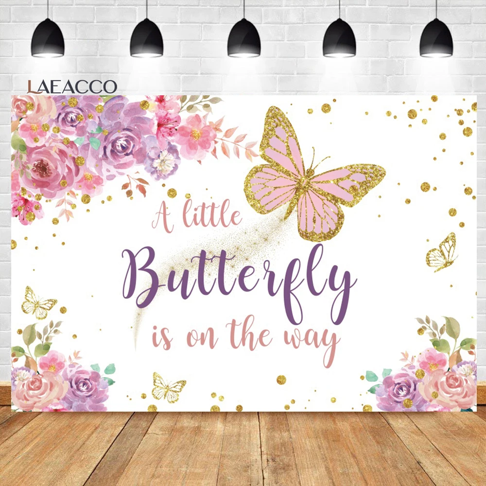 

Laeacco Butterfly Baby Shower Backdrop Watercolor Flower Gold Glitters Girls Birthday Customized Portrait Photography Background