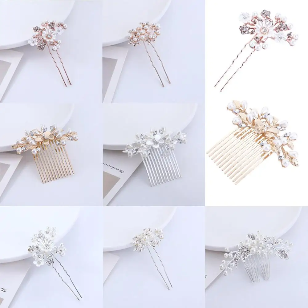 Grace Women Alloy Pearl Temperament Rhinestone Hair Stick Korean Style Headwear Five-tooth Hair Comb Hair Accessories