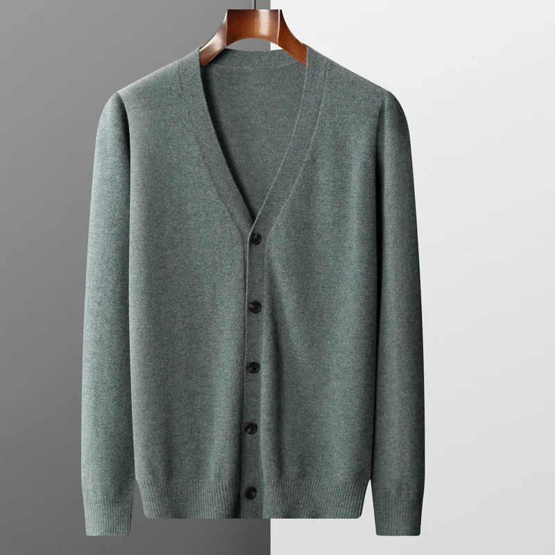 100% merino wool Men's Cardigan Cashmere Sweater Autumn And Winter Knitted Jacket Solid Color Long-Sleeved High Quality Top