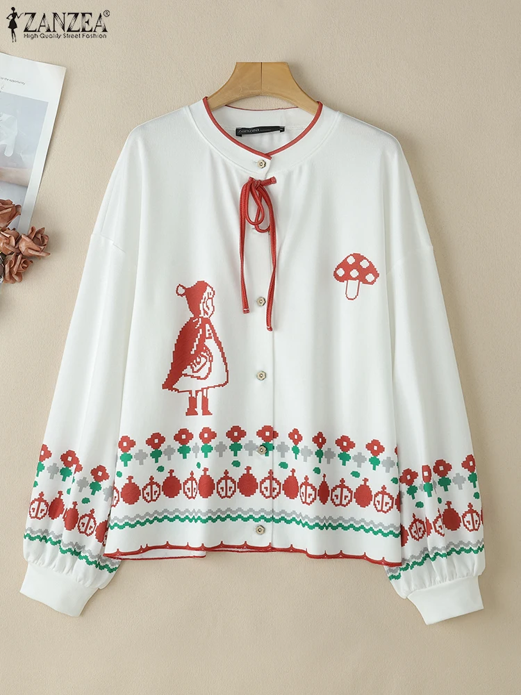 

ZANZEA 2025 модные винтажные топы на пуговицах с длинными рукавами, женский кардиган с круглым вырезом, блузка с мультяшным принтом, повседневные свободные бандажные туники