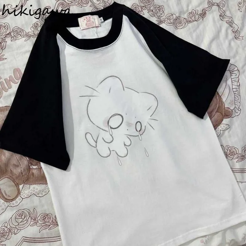 Japanese Woman Tshirts Streetwear BF Tees Y2k Tops Fashion Casual Camisetas 2024 Ropa Mujer Cat Print Summer Oversized T Shirt