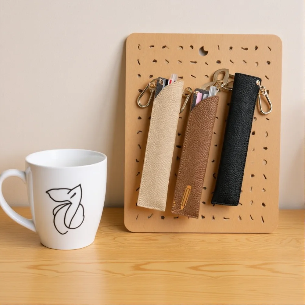 

Portable Anti-Lost PU Leather Pen Holder Case Keychain Two Pencil Bag Organizer Pouch Easy to Insert Remove Office Stationery