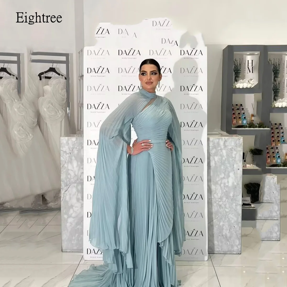 Eightree-vestidos de graduación de línea A azul saudita, vestido de fiesta Formal de múltiples capas, vestido de noche de gasa, vestidos de fiesta personalizados, 2025