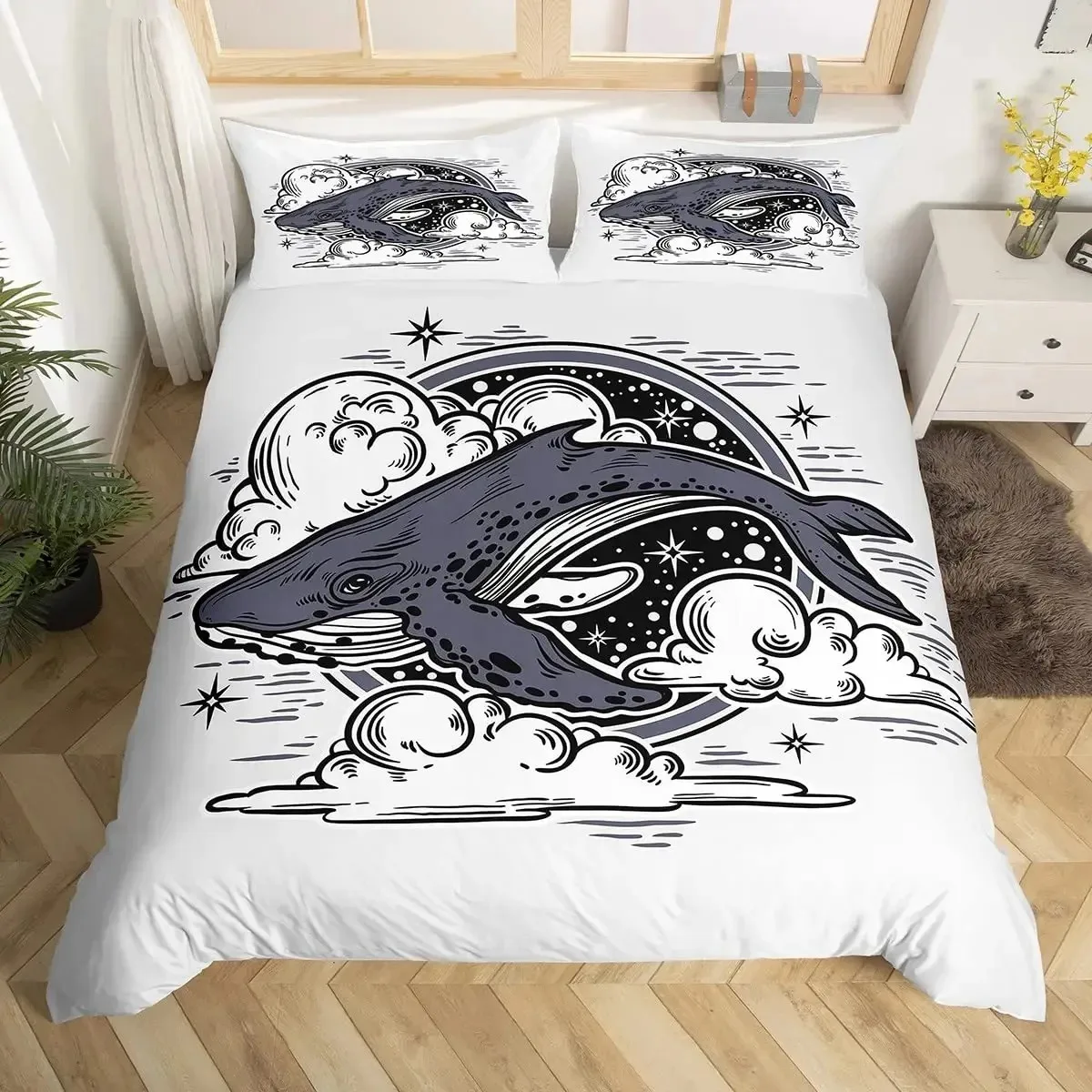 Whale Koi Duvet Cover Set Full Queen Size,Sunset Great Sea Wave Bedding Set,Animal Ocean Landscape Japanese Art Comforter Cover