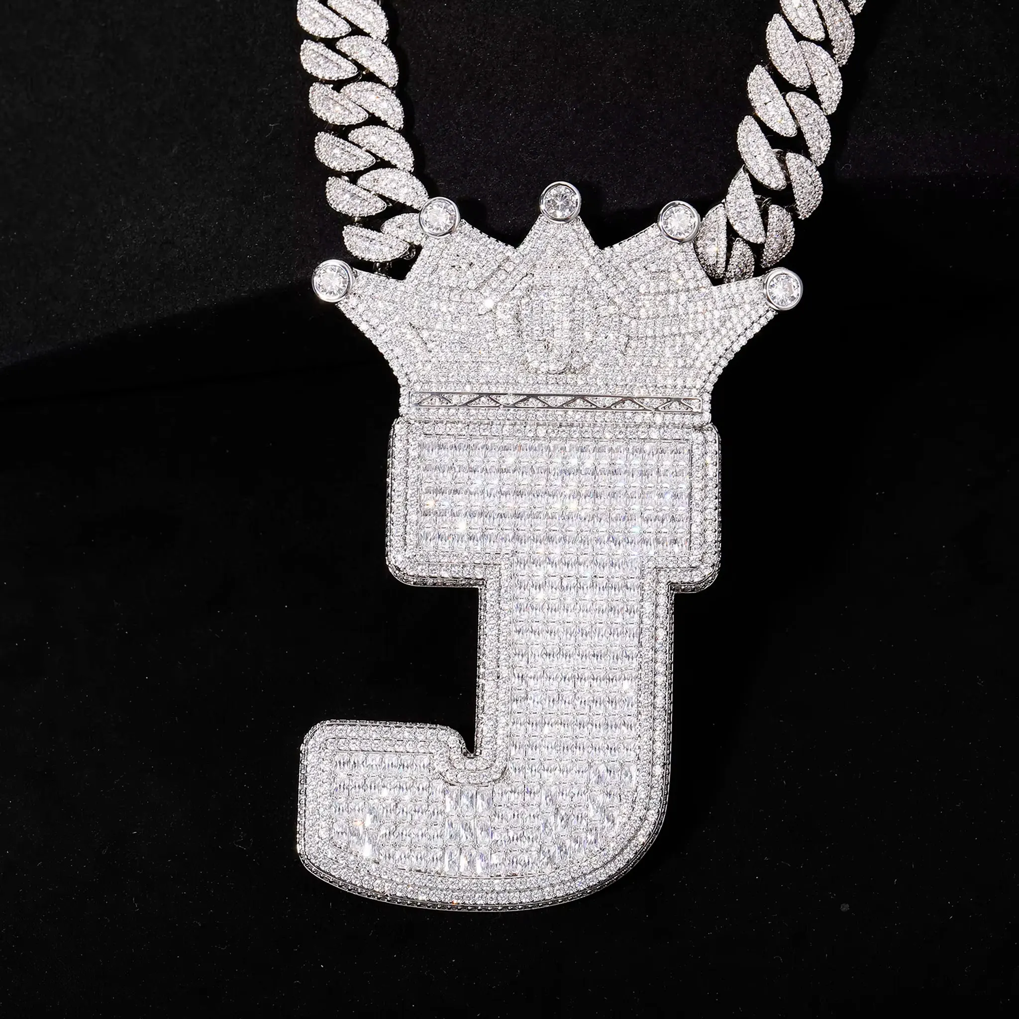 Rectangular J Letter Pendant with Crown, Men's Customized Name Large Pendant Necklace Jewelry, Birthday Commemorative Gift
