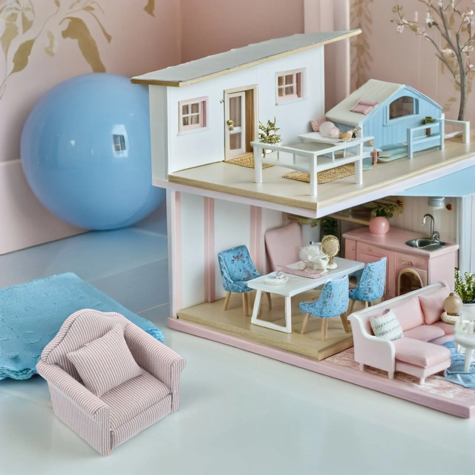 

2Pcs Dollhouse Miniature Sofa Armchair Set Pink Fabric Upholstered Wooden Frame Living Room Furniture Accessories