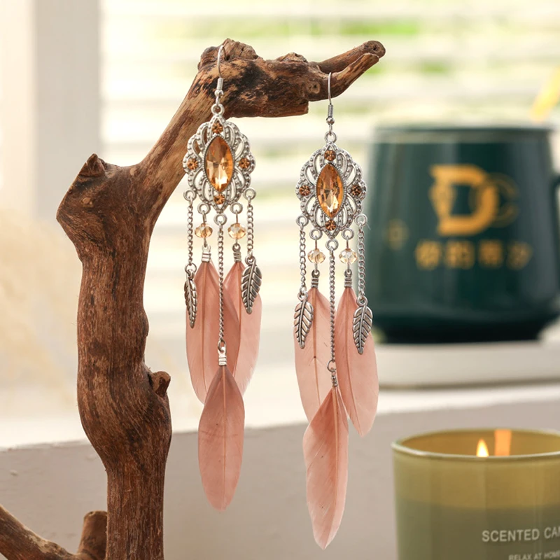Fashion Temperament Bohemian Feather Earrings for Women Long Crystal Leaf Vintage Earring Female Wedding Party Jewelry