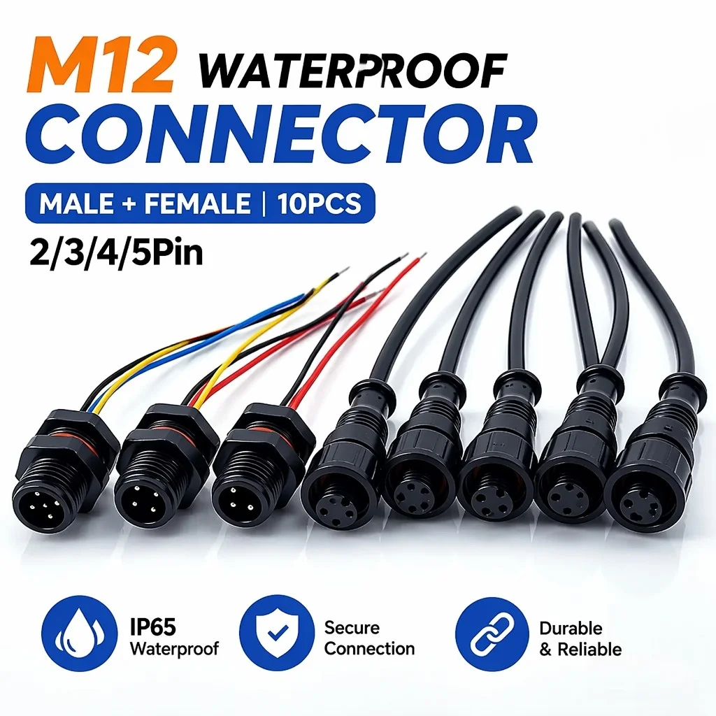 M12 IP65 Waterproof Connector 10PCS Prewired Male Female Cable Plug 2 3 4 5 Pin Panel Socket for Outdoor LED Sensor Wiring Kit