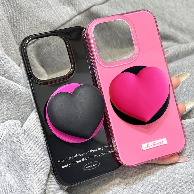 

Rose Pink Black Heart Magnetic Bracket Phone Case For iPhone 17 16 15 14 13 Pro Max Shockproof IMD Back Cover With Holder Stand